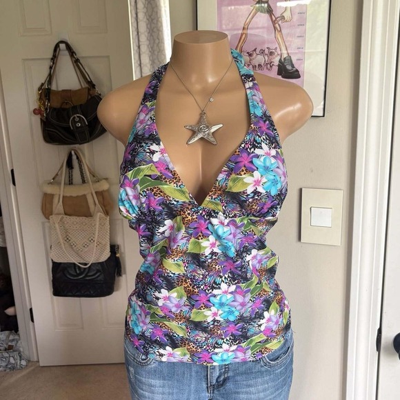 Tops - y2k 2000s avant garde fairy floral leopard halter top